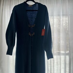 NWT longline soft blue cardigan with gold details